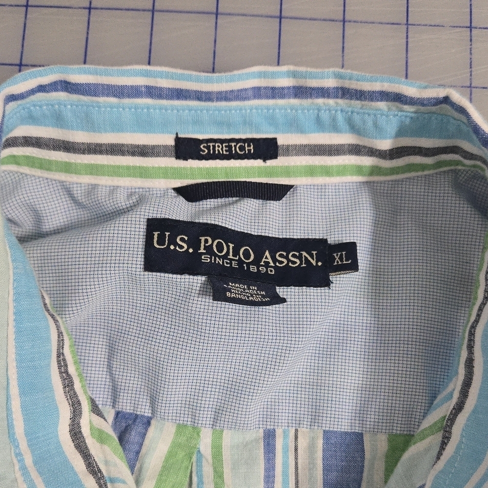 U.S. Polo Assn. Blue and Green Striped Button Down Lightweight Beach Travel - Picture 6 of 7